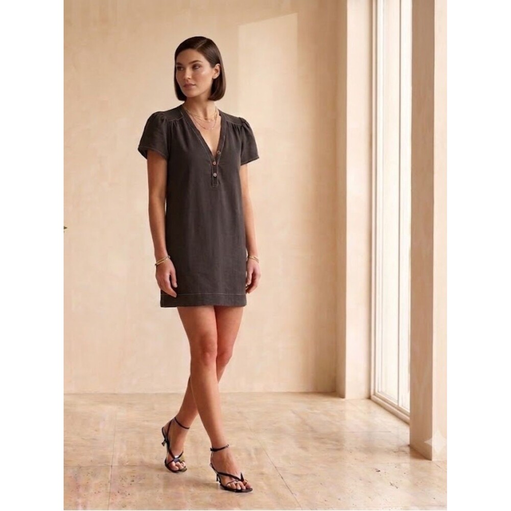Gold Hawk Black Silk Shift Dress L Gold Logo Buttons V-neckline Puff Sleeves
